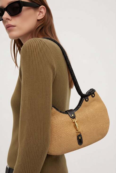 Eric Javits Handbags - Eric Javits Squishee Straw Hobo Bag with Black Patent Trim